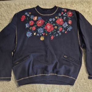 vintage 90s TOGETHER Granny-core Floral Sweatshirt L Zip Pocket Pullover Fleece